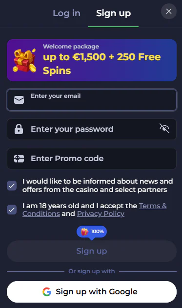 JokaBet sign-up form featuring the welcome offer, promo code field and age verification checkbox